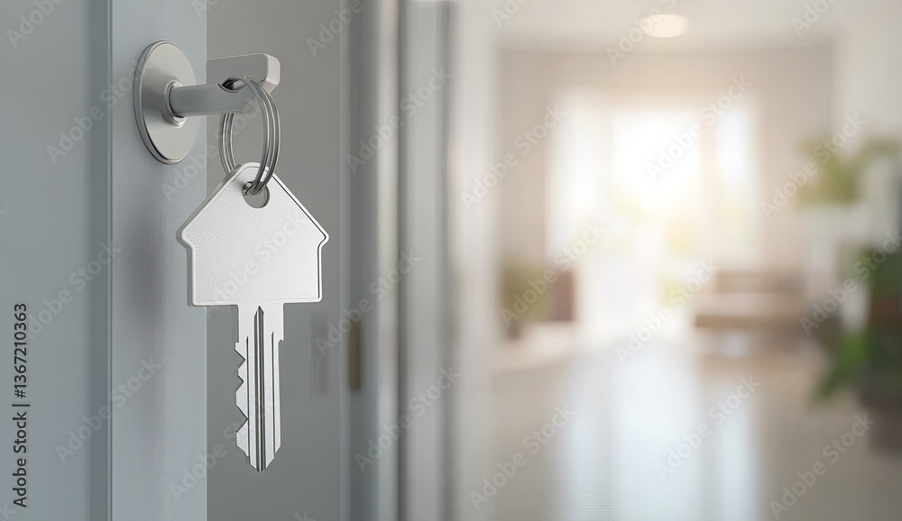 Home Key in Doorway. A key with a house-shaped tag hanging on a door, signifying new ownership or access Home Key in Doorway. A key with a house-shaped tag hanging on a door, signifying new ownership or access