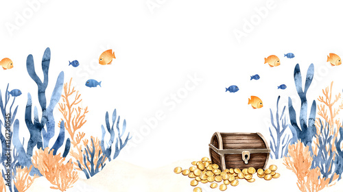 Obraz na płótnie Create a watercolor clipart featuring a sunken treasure chest surrounded by underwater elements.
w salonie