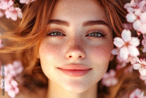 Lovely caucasian young woman surrounded by cherry blossoms. Commercial ad campaign layout. Spring mood, golden hour in sunset. Beautiful woman in cherry blossoms. Lively woman in spring garden.