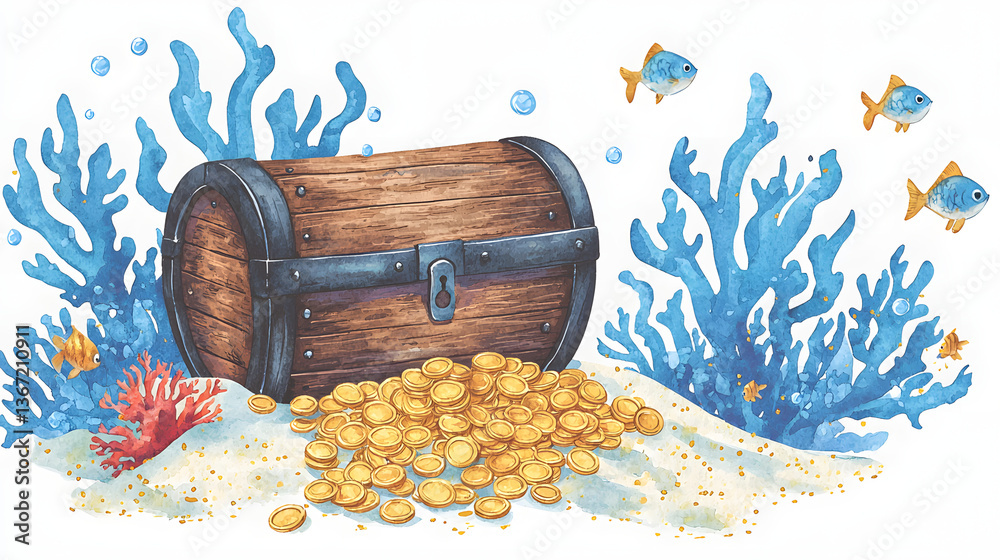 Create a watercolor clipart featuring a sunken treasure chest surrounded by underwater elements.