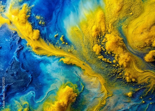 Abstract Blue Yellow Powder Art, Dynamic Color Contrast, Artistic Texture, Drone Aerial View