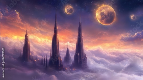 Otherworldly Fantasy Landscape Featuring Majestic Spires Emerged from Clouds at Sunset