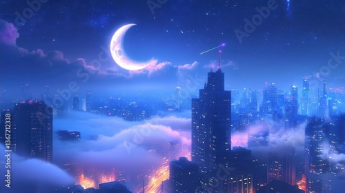 Nighttime Cityscape with Moon and Clouds Overlooking a Dreamy Urban Landscape