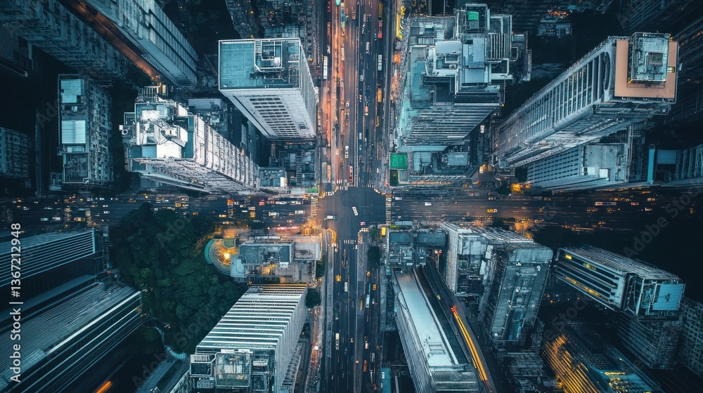 Obraz premium Aerial view of a bustling cityscape at dusk, featuring dense urban development