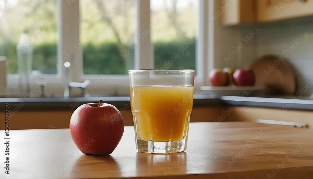 fresh apple juice with apple slices on the side, made by Ai fresh apple juice with apple slices on the side, made by Ai