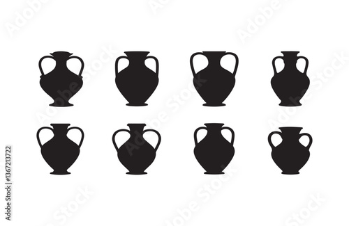 Simplified antique vessel and urn silhouettes in black on white