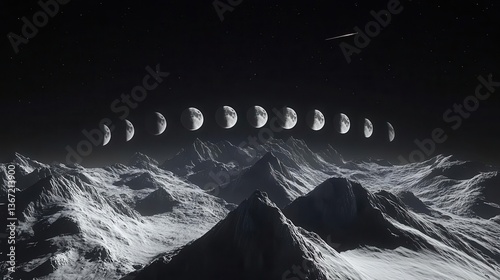 Phases of the Moon Above Majestic Mountain Landscape Under a Starry Night Sky