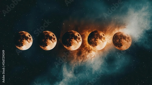 Phases of the Moon in Gradual Transition Against a Cosmic Background of Stars and Nebula