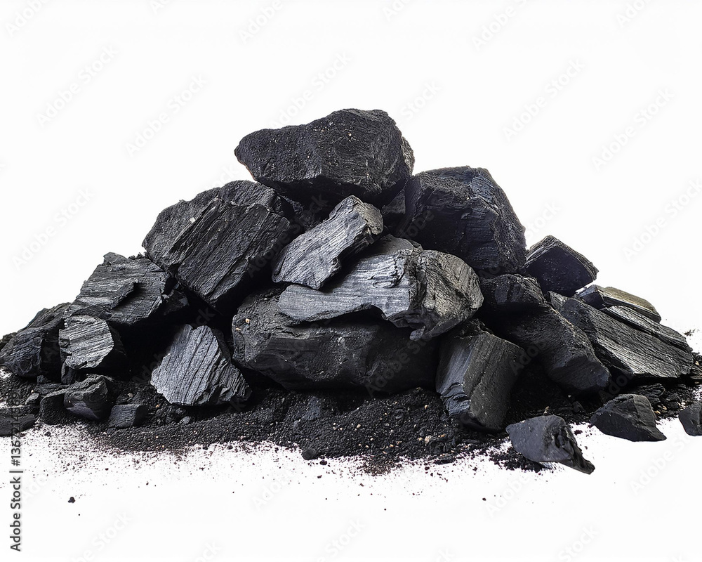Obraz premium Coal pile isolated on a clear backdrop. Dark ember, natural carbon mineral, fossil fragments, and stone are mined by the black charcoal industry.