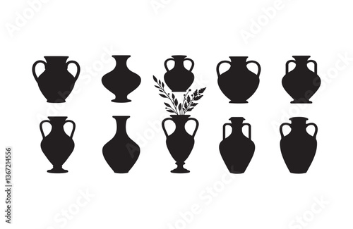 Antique amphora jars and vases silhouettes in solid black vector