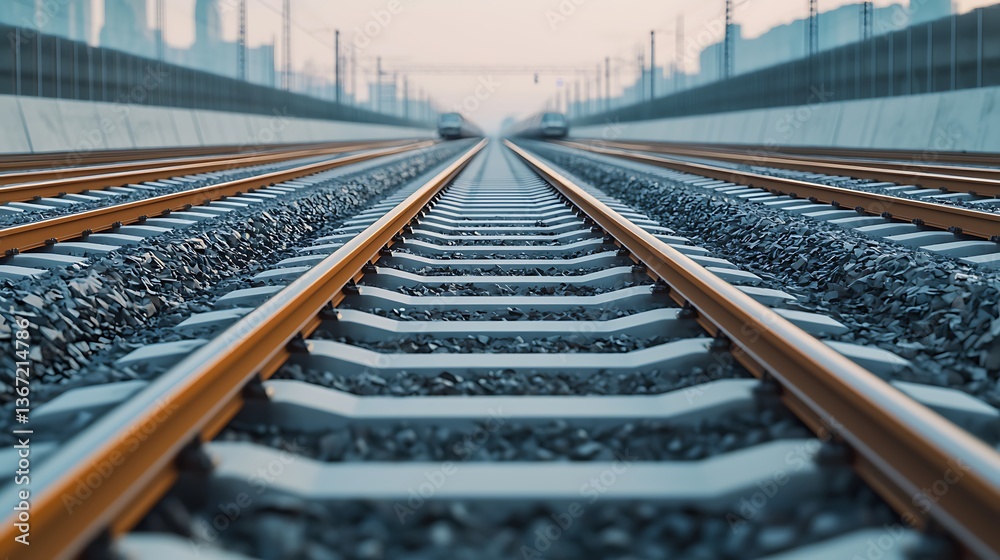 A close-up view of railway tracks stretching into the distance, surrounded by gravel, leading towards an urban skyline. A close-up view of railway tracks stretching into the distance, surrounded by gravel, leading towards an urban skyline.