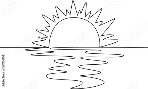 Sun shining over the horizon one line art vector