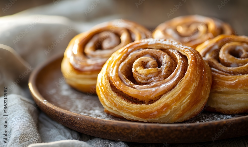 freshly baked cinnamon Danishes arranged on a rustic ceramic plate, Generative AI freshly baked cinnamon Danishes arranged on a rustic ceramic plate, Generative AI