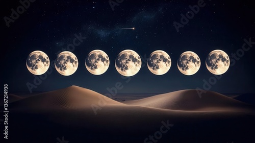 Phases of the Moon Over Serene Desert Landscape Under Starry Night Sky