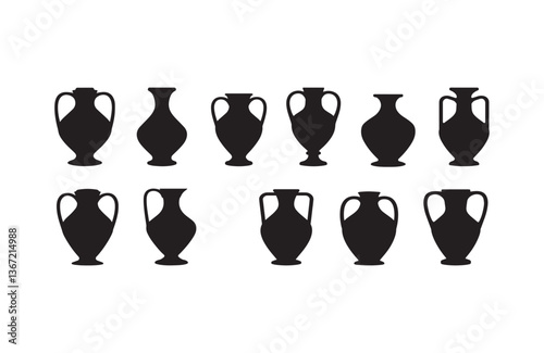 Vector set of ancient Greek pottery and amphora silhouettes