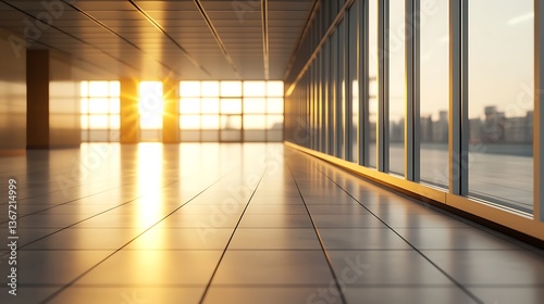 A sunlit interior space with sleek tiles and expansive windows, creating a warm and inviting atmosphere.