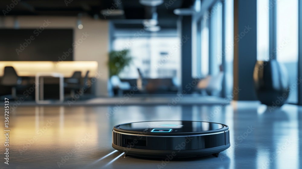 An AI powered robotic vacuum cleaning a high tech office environment, glowing navigation interface, sleek modern workspace An AI powered robotic vacuum cleaning a high tech office environment, glowing navigation interface, sleek modern workspace