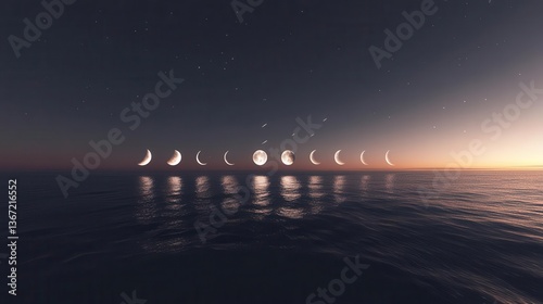 Phases of the Moon Reflected Over the Serene Ocean at Twilight with a Starry Sky
