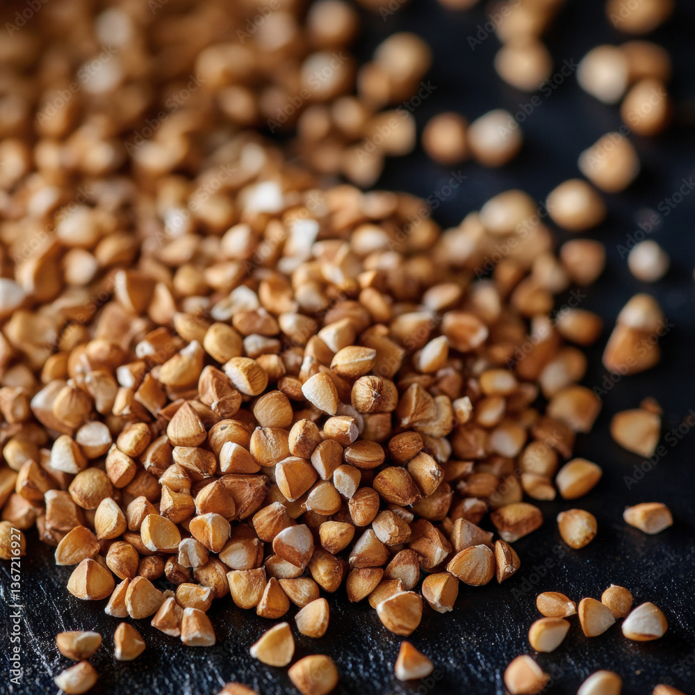 Closeup of buckwheat grains, a wooden spoon, and a bowl on a brown wooden background, with coffee and seed elements creating a warm, aromatic vibe Closeup of buckwheat grains, a wooden spoon, and a bowl on a brown wooden background, with coffee and seed elements creating a warm, aromatic vibe