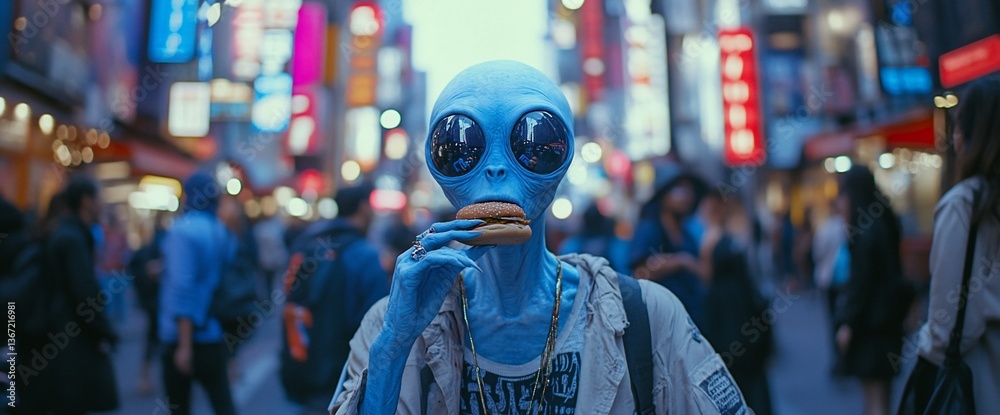 Extraterrestrial Visitor Enjoys a Burger Amidst the Bustling City Crowds Extraterrestrial Visitor Enjoys a Burger Amidst the Bustling City Crowds