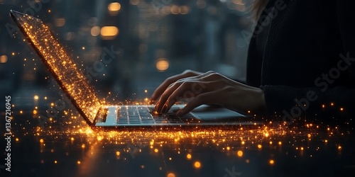 Typing on Glowing Laptop.
