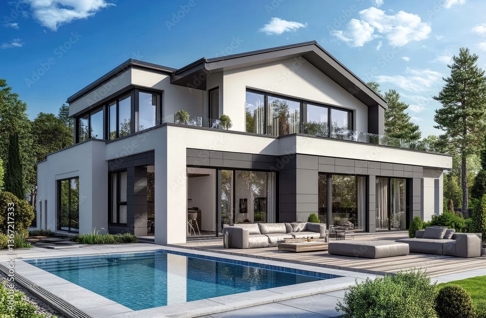 Modern luxury home with pool and patio. Spacious, contemporary design with large windows, a rooftop terrace, and a private pool area Modern luxury home with pool and patio. Spacious, contemporary design with large windows, a rooftop terrace, and a private pool area