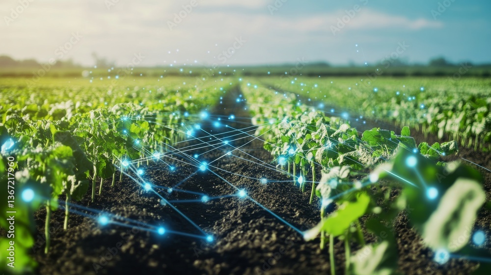 An AI powered smart farming irrigation system, analyzing soil moisture levels in real-time to optimize water usage and reduce waste during crop cultivation, glowing irrigation interface