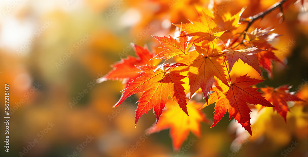 Vibrant autumn maple leaves in bright sunlight with a soft-focus nature background. The warm colors create a serene landscape atmosphere. Ai generative Vibrant autumn maple leaves in bright sunlight with a soft-focus nature background. The warm colors create a serene landscape atmosphere. Ai generative