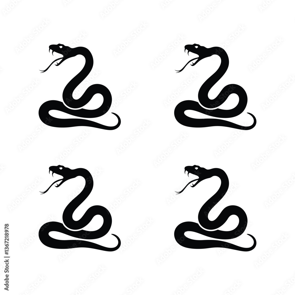 Obraz premium Four aggressive snake silhouettes against a white background. Four simple, black silhouette images of snakes, open-mouthed and poised in an aggressive posture, set against a plain white background.