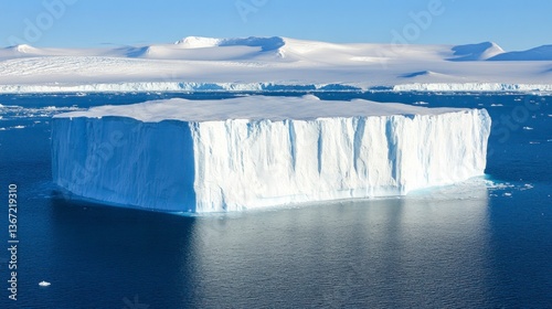 Antarctic tabular iceberg floats in ocean near snow-capped mountains