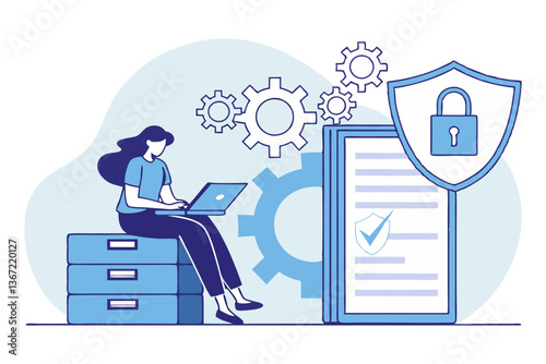 Secure Data Management Illustration. Woman on Server with Laptop, Surrounded by Digital Files, Gears, Cybersecurity Shield Flat Style, Technology, Protection, and System Processes.