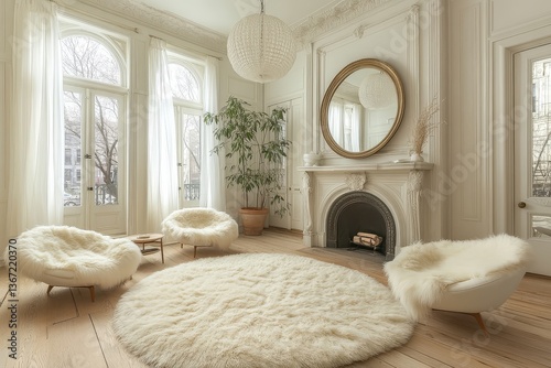 Classic living room in an old Brooklyn brownstone with vintage fireplace, large mirror, chandelier, plush rug, and soft lighting.