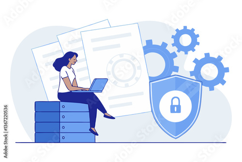 Secure Data Management Illustration. Woman on Server with Laptop, Surrounded by Digital Files, Gears, Cybersecurity Shield Flat Style, Technology, Protection, and System Processes.