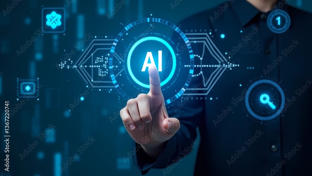 Businessman pressing a virtual touchscreen button , artificial intelligence Businessman pressing a virtual touchscreen button , artificial intelligence