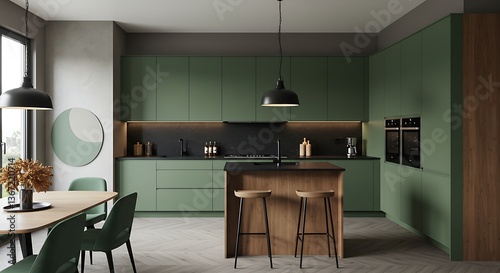 Modern interior design of minimalist green kitchen with island, dining table and grey chairs.
