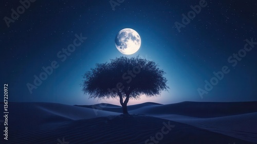 Silhouette of a Lone Tree Under a Bright Moon in a Starry Desert Landscape at Night