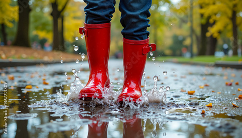 Rain boots and puddles splashing in a colorful autumn park  