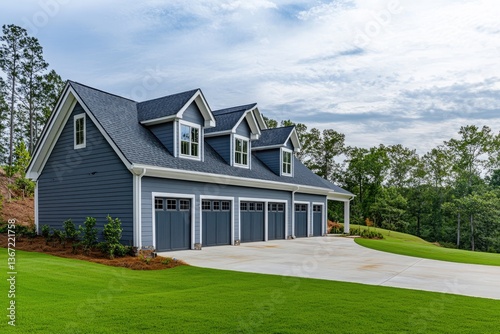 Modern, stylish garage with four car spaces, nestled on a well-maintained property.  Expansive concrete driveway, manicured lawn, and beautiful landscaping
