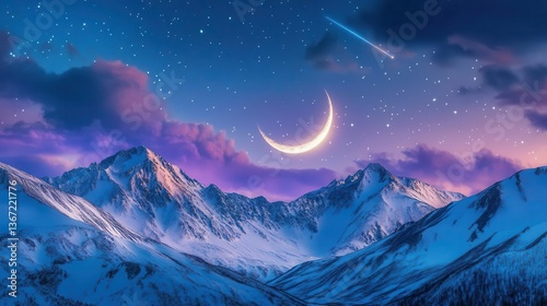 Serene Winter Night Over Majestic Snow-Capped Mountains Illuminated By A Crescent Moon And Stars