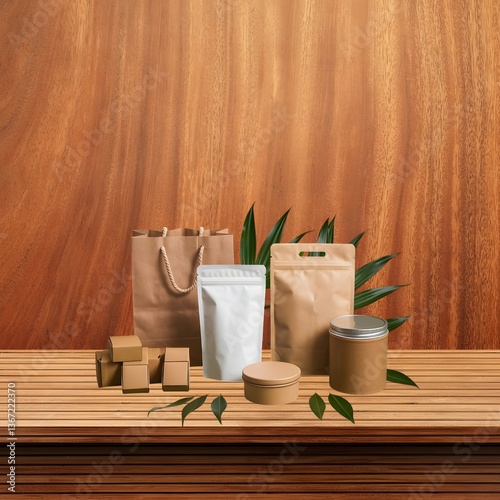 Eco-Friendly Packaging Display on Wooden Background