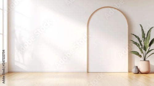Minimalist interior with archway decor and tropical plant