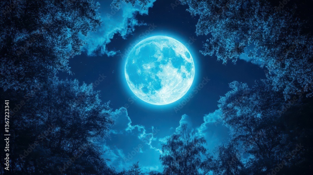 Fototapeta premium Full Moon Illuminating a Starry Night Sky Surrounded by Trees and Clouds in a Serene Landscape