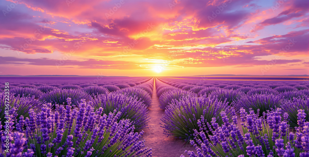 Obraz premium Endless lavender field under a bright sunset sky with colorful clouds. The natural landscape features vivid purple flowers creating a serene background. Ai generative