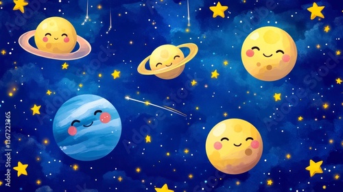 Cute planets smiling in starry night sky
