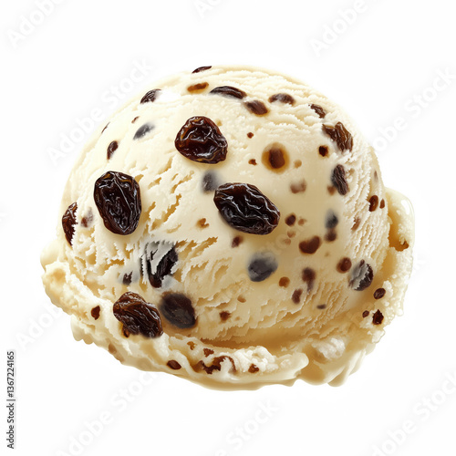 Realistic scoop of creamy rum raisin ice cream with visible raisins and smooth texture, frozen dessert, isolated on transparent background photo
