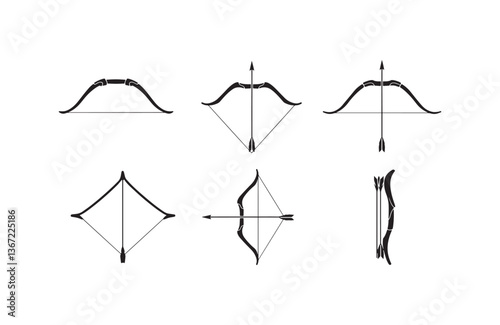 Game-inspired black silhouettes of bows and arrows for digital art focused on combat, survival, or fantasy stories