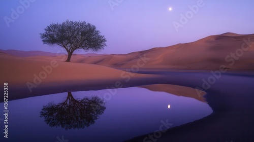 Isolated Tree Reflecting in Calm Water Body Under Moonlight in a Desert Landscape