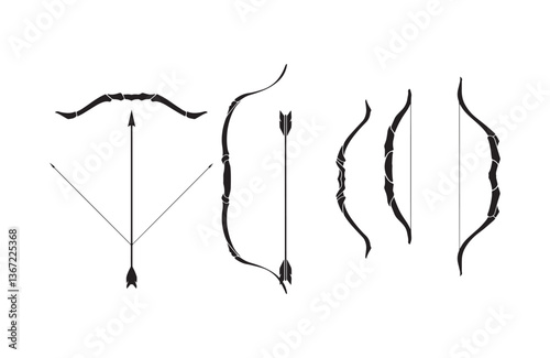 Vector icon pack of various bow and arrow shapes in silhouette view for use in medieval or outdoor sports themes