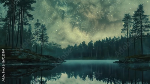 Starry Night Sky Over Tranquil Forest and Reflections in Calm Lake Water