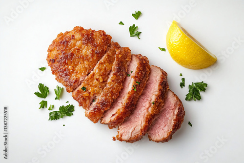 a sliced pork steak with a lemon wedge